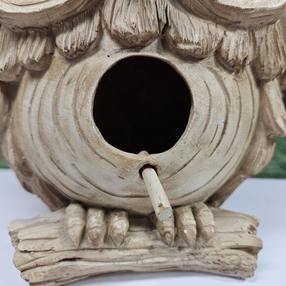 Vtg Carved Garden Hanging Owl Decor Small Nesting Resin Bird House Outdoor Cream - Picture 4 of 12